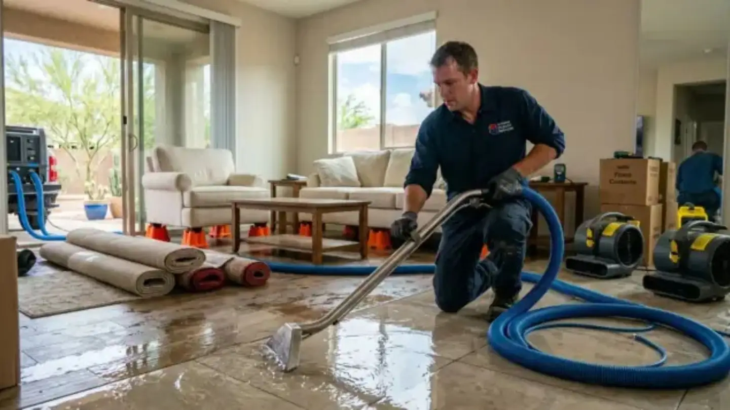 Restoration technician extracting water from a living room floor with a hose and air movers running