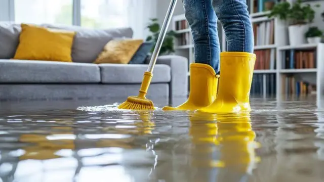 Person in yellow rubber boots mopping standing water in a living room